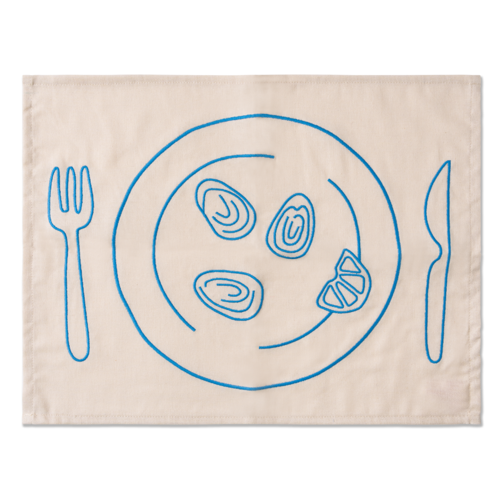 Set 2 Tovagliette in stoffa Beige e Azzurre - "Bistrot" con Pesce e Ostriche