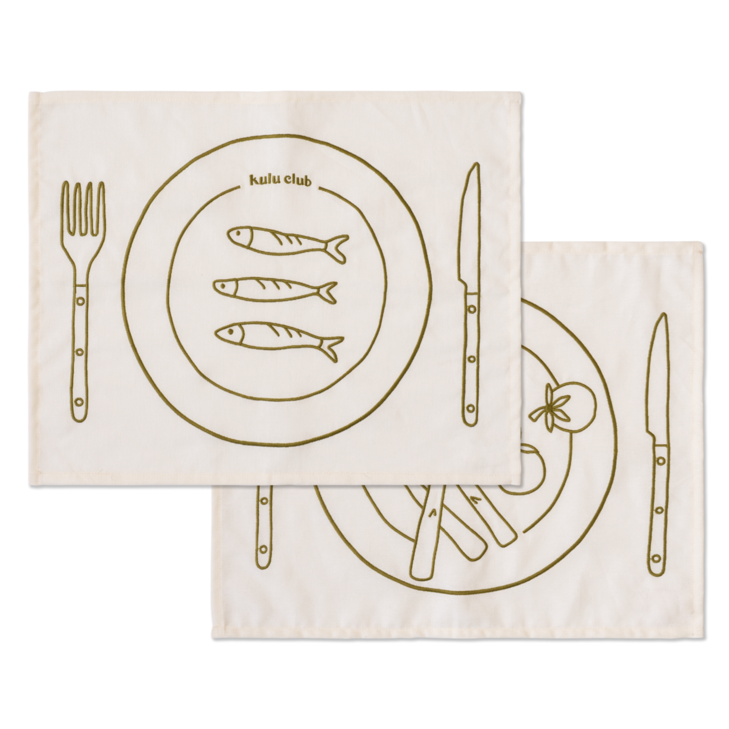 Set 2 Tovagliette in stoffa Beige e Verdi - "Bistrot" con Acciughe, Asparagi e Pomodorini